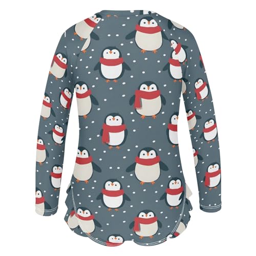 Cute Penguin and Snow Girls Long Sleeve Swimsuit Rash Guard One Piece Bathing Suits Zipper 3-12T3
