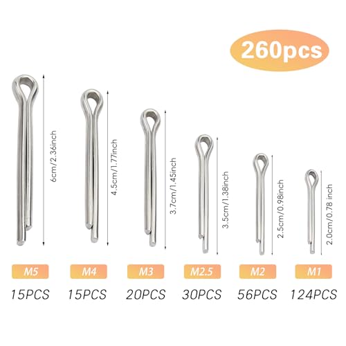 GullSkies 260 STK Splinte Set Splinte Sortiment mit Sortimentskasten 304 EdelstahI M1 M2 M2.5 M3 M4 M5 Sicherungssplinte GröBen füir Autos Wohnmobile Gartengeräte
