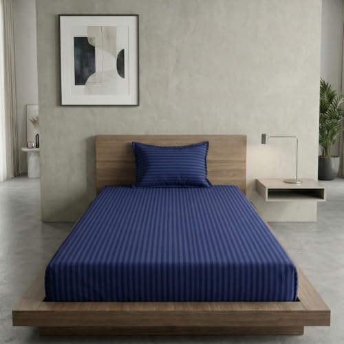 Image of Home Sizzler Microfibre Blue Satin Stripe Elasticated Fitted Single Bedsheet (72x36 Inches) with 1 Pillow Cover