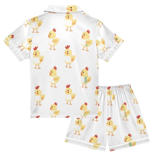 ALAZA Funny Chicken White Satin Pajamas Set Short Sleeve Button Down Sleepwear Summer Pjs 2 Piece2