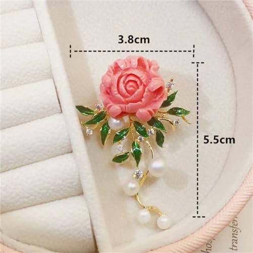 Red Resin Peony Flower Pin with Green Enamel Leaves, Elegant Pearl Accent, Pink Peony Flower, Floral Dress Accessory4