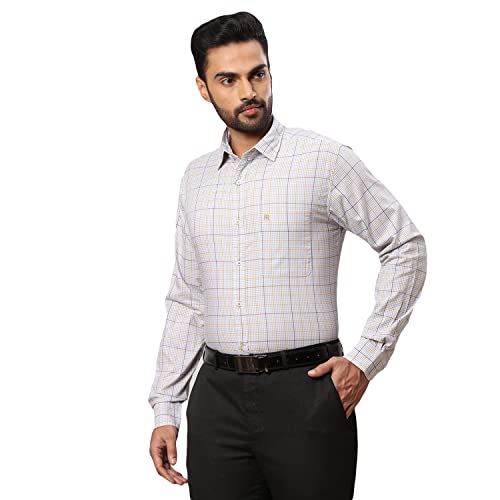Image of Raymond Men's Pure Cotton Checks Pattern Slim Fit Regular Collar Full Sleeve Casual Shirt