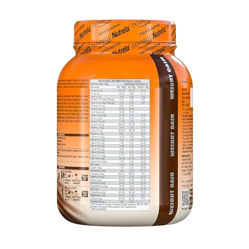 Image of Nutrela Weight Gainer Powder - 1kg, Chocolate Flavour with Free Shaker| 20g Protein, 66.8 Carbs, 13 Vitamins & 12 Minerals with Khandsari Sugar | Ideal for Athlete, Men, Women & Kids above 10 Year