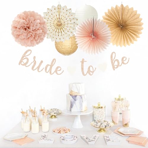 Image of Champagne-Gold Beige Fall Boho Bachelorette Party-Decorations - 21pcs Women Bridal Shower Banner Garland,Bride To Be Paper Streamers Lanterns,Flower Tissue Pom Poms Fan Favors Wedding Decor Huglony