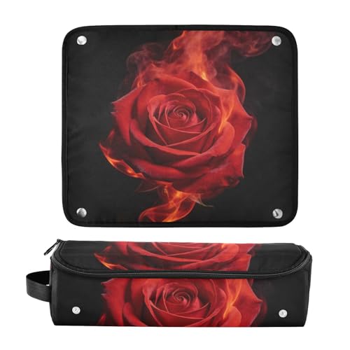 Bolsa de viaje para herramientas de cabello y tapete resistente al calor con cremallera organizador para planchas, rizadores y alisadores, rosa rojo artístico con negro fuego para mujer miniatura 3