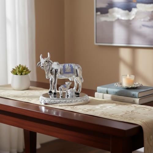 Image of Silver Plated Kamadhenu Cow with Calf Idol | Medium Size Oval Base Pooja Idol for Vastu & Home Decor | Spiritual Gift for Home & Office | 9 x 6 x 10 cm