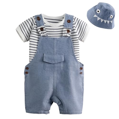 Volunboy Unisex Baby Short Overalls Jumpsuit, T-Shirt and Hat 3 Piece Casual Outfit Set Newborn to Infant(Blue Stripes,9-12 Months,Tag Size 73)