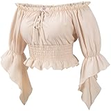 Womens Renaissance Victorian Peasant Shirt Pirate Blouse Cosplay Costume Bell Sleeve Tops(BG M) Beige