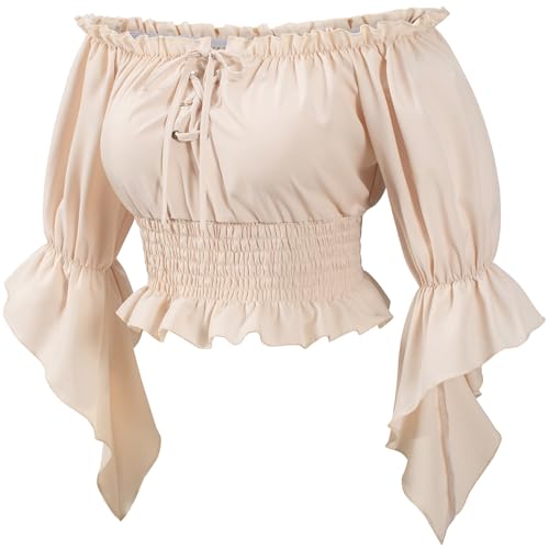 Womens Renaissance Victorian Peasant Shirt Pirate Blouse Cosplay Costume Bell Sleeve Tops(BG M) Beige
