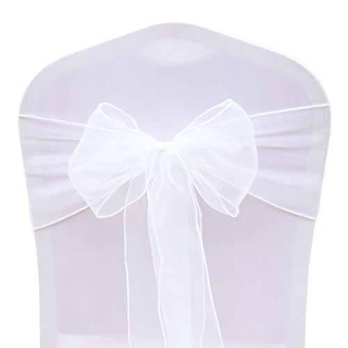 HEMEIREN 25 Stück Organza Stuhl Schärpen, Organza Stuhl Schärpen, Band, 18 x 275 cm, Stuhl Abdeckung Dekoration, Krawatte Zubehör für Hochzeit Empfang Veranstaltungen Bankette Party Hotel Event (Weiß) Cover