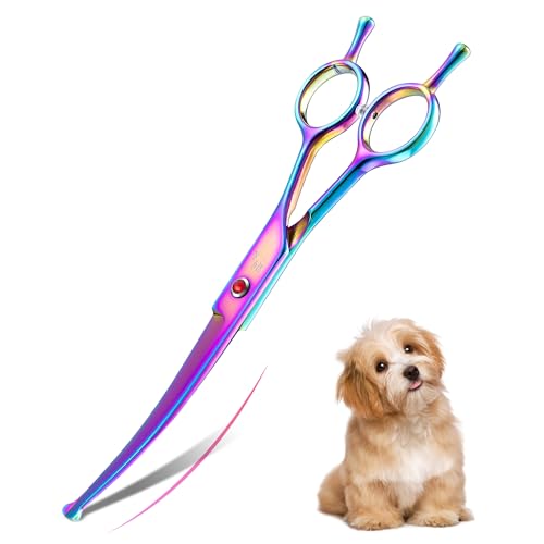 DRGSKL Gebogene Hundehaarschere Professionelle Sichere Runde Spitzen Haustier Fellschere Pflegeschere für Hund Katze Japanischer Edelstahl 440C Regenbogen