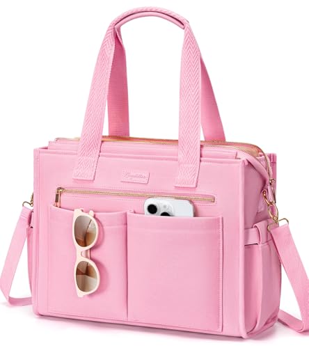 Image of Canvas Tote Bag for Women, 15-Pockets Work Laptop Tote Purse Large Crossbody Nurse Teacher Bible Bag for School Travel Daily | with Strap & Zipper