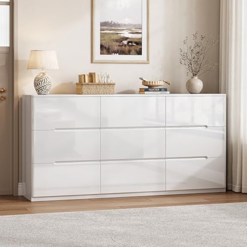 Image of White Wood Dresser, 9 Drawer Dressers for Clothes Storage for Bedroom, Modern Dresser with Wide Drawers, Wide Wooden Chest Drawers for Living Room, Entryway, TV Stand