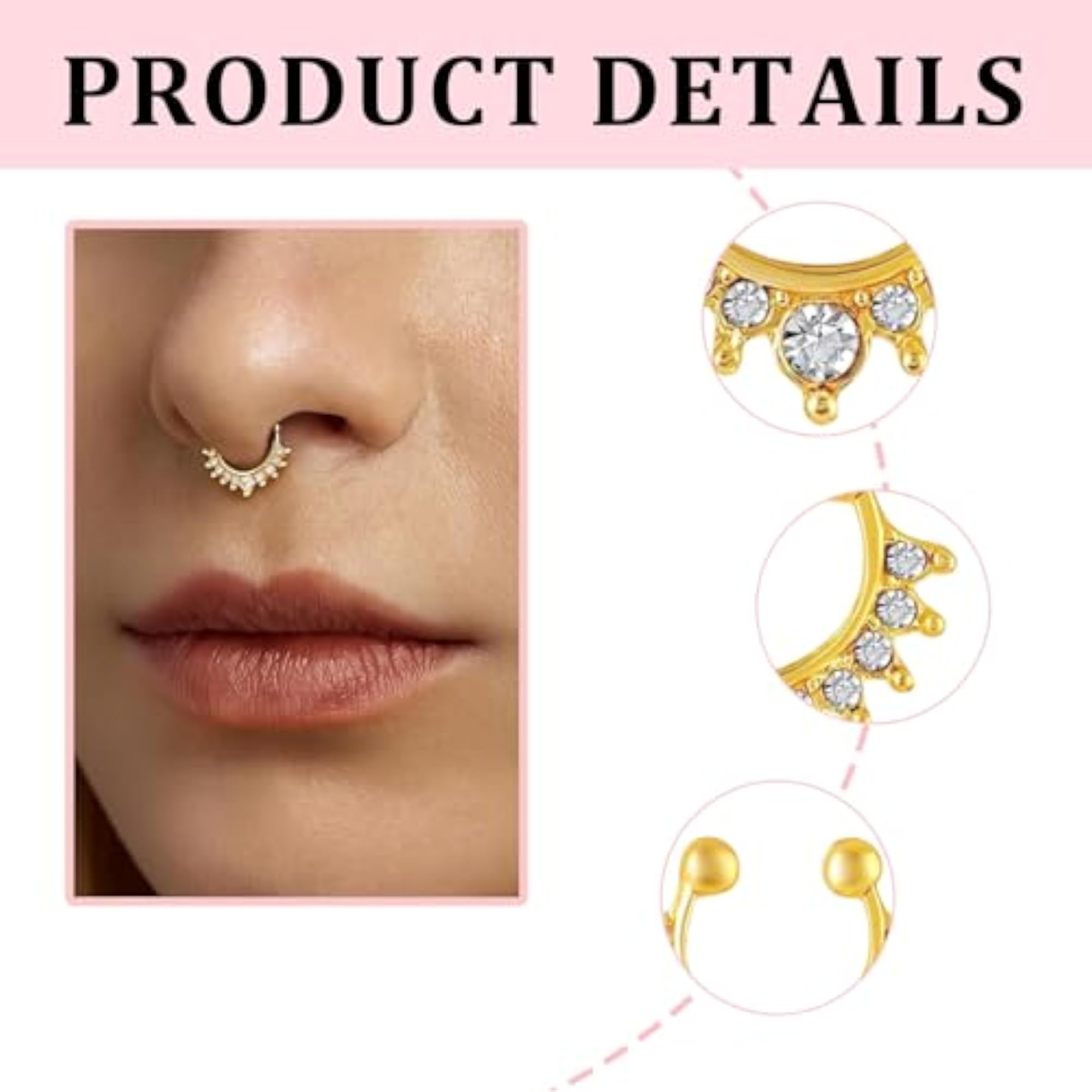 Women's Crystal Studded Non-Piercing Clip-On Septum Nose Ring Set