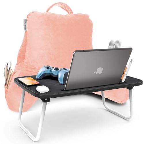 Clara Clark Reading Pillow with Portable Lap Desk Set for Kids, Back Pillow for Sitting Up in Bed, Memory Foam Back Support Pillow, Bed Rest Pillow with Foldable Laptop Desk, Small - Peach