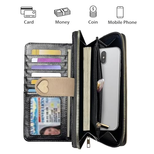 Image of COEQINE Ladies Wallets Pink Leopard Heart Black Printed Leather Phone Long Clutch Purses Check Coin Change Holder
