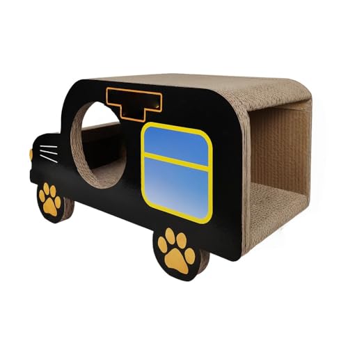 AOUTN猫の爪とぎボード、段ボール遊び場、猫用トイレ、家、木の穴、車、おもちゃ (黒いスクールバス)
