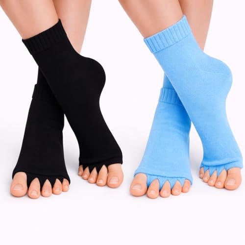 Image of Foot Alignment Orthopedic Cotton Socks for Men & Women | Five Toe Separator | Foot Pain Relief | Bunion Corrector | Plantar Fasciitis Support |Free Size | Black-SkyBlue | 2 Pair | UK8-11