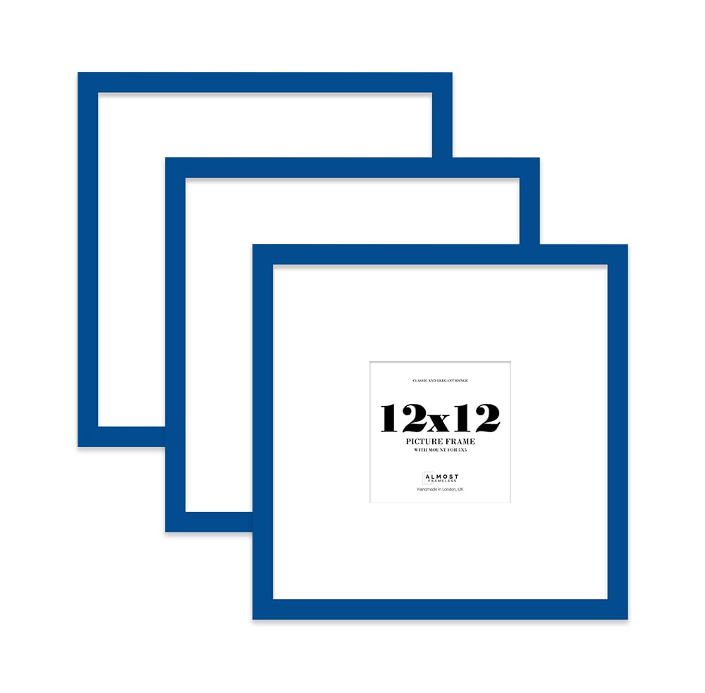 12x12 Blue Picture Frame with Large Mount for 5x5 Photos, Prints - Modern Square Wall Frame, Set of 3