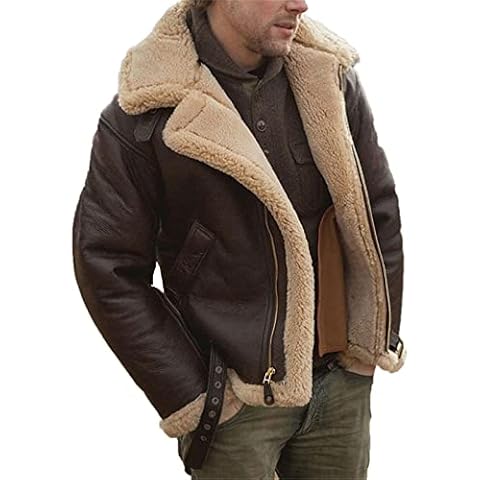 MANYMANY Men's Sheepskin Shearling Leather Jacket Men Faux Fur Brown Bomber Flying Jacket Lapel Fur Leather Jacket, M Cover