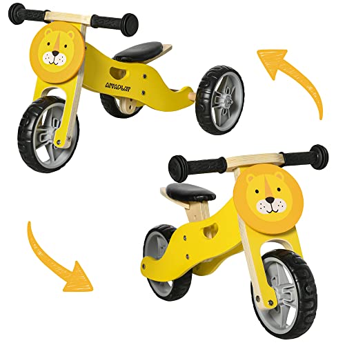 AIYAPLAY Draisienne Tricycle en Bois vélo d'équilibre 2 en 1 en Forme d'animal avec Selle réglable, pour Les Jeunes conducteurs, vélo d'équilibre léger pour Enfants avec poignée Portable, Jaune