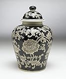 AA Importing 59727 Black And Cream Floral Ceramic Ginger Jar 10 Inches High