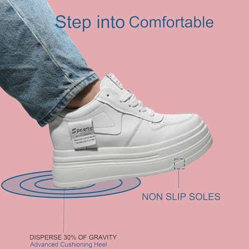 3 inch Platform Sneakers for Women - Chunky White Leather Shoes with 5.5cm Heel & 2cm Platform Shoes, Cushioning Comfortable Footwear for Walking, Casual Women's Fashion Sneakers Non slip sole3