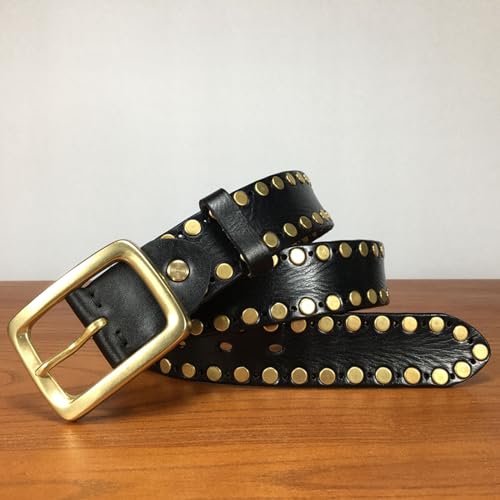 Mens Studded Belt, Punk Leather Casual Adjustable Rivet Cowhide Belt for Men with Brass Metal Pin Buckle,Black,120CM/47.3''3