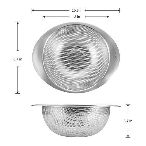Kitchen Colander Set of 2, Stainless Steel Mesh Strainers Perforated Colander and Strainer with Heavy Duty Handles for Draining Pasta, Quinoa, Dishwasher Safe,3 Quart//Gift Box Included