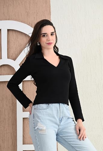 Image of Women's V-Neck Collar Full Sleeve Ribbed Top - Pure Cotton, All-Season, Comfortable & Stylish(Black,XXL)