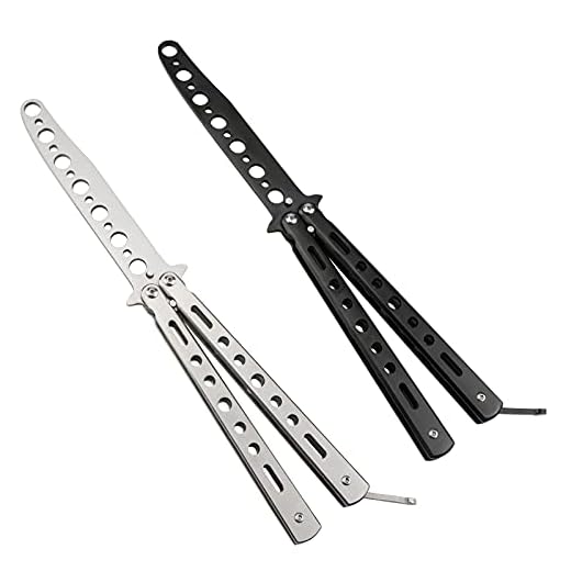 Butterfly Knife - 2 Pack Butterfly Knife Trainer Practice Tool Steel Metal - Folding Knife Unsharpened - Butterfly Knife Comb for Practicing Flipping Tricks, Balisong Trainer Black & Silver