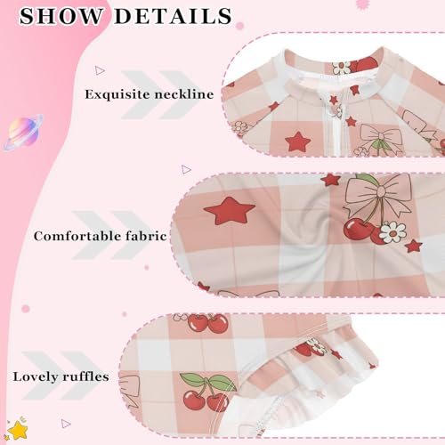 Cherry Bow Star Pink Pattern Girls Rash Guard Swimsuits Long Sleeve One Pieces Bathing Suit UPF 50+ Zipper Swimwear4