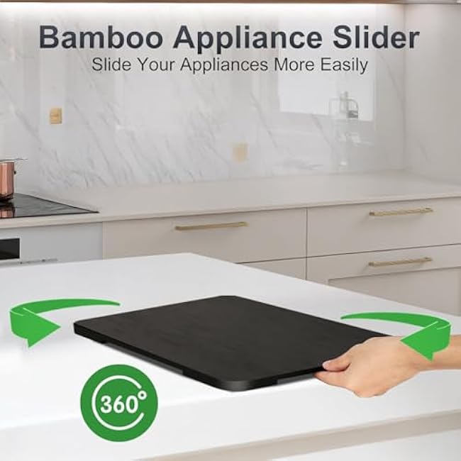 Appliance Slider 360¡ã Rolling Tray for Coffee Maker - Bamboo Countertop Sliding Tray with Universal Wheels, 13x16 Inch Black Coffee Mat for Black Espresso Machine Accessories