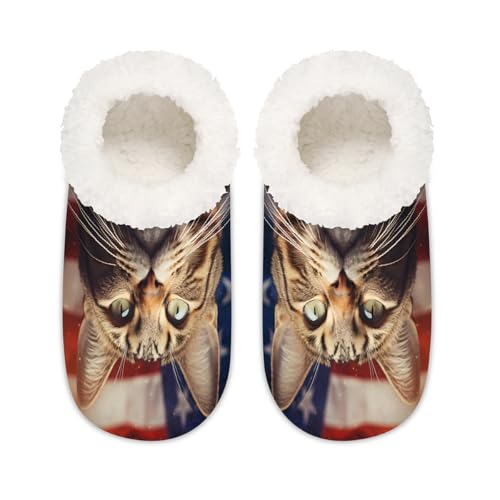 4th Of July American Flag Cat House Slippers for Women Men, Fuzzy Warm Slippers Non Slip Foam Slipper Socks2