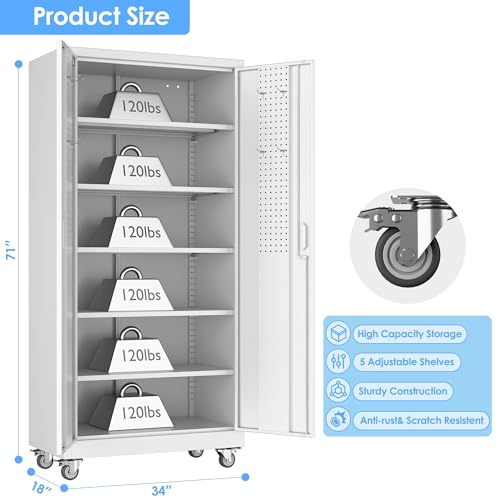 Image of White Metal Garage Storage Cabinet with Wheels and Pegboard, 71 in. | Lockable steel cabinet with dual-door pegboard, 4 hooks, 5 adjustable shelves and detachable casters; assembly required.