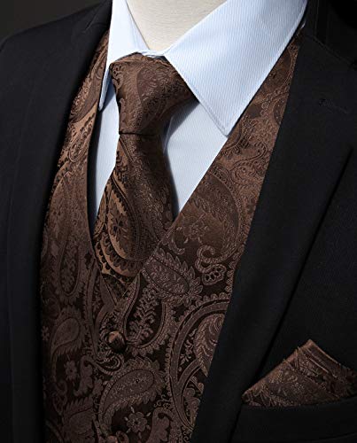 Image of HISDERN Vest and Tie Sets for Men Vests Paisley Floral Jacquard Necktie Pocket Square 3PCS Waistcoat for Suit or Tuxedo