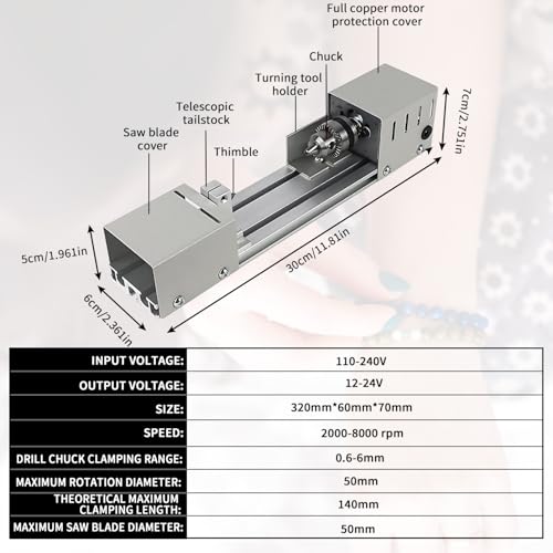 Mini Drehmaschine, Drehbank 2000-8000U/min, Metall Kleine Drehbank mit 7 Gang Einstellung, Klemmbereich von 0.02-0.24 Zoll, Drehmaschine Metall für Dreh, Einstech, Schleif