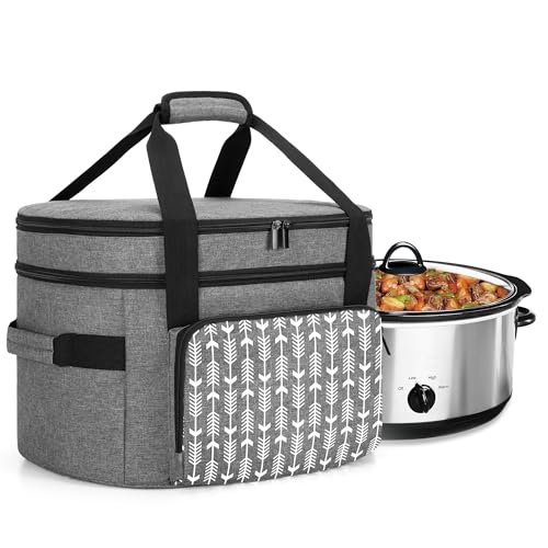 Yarwo Slow Cooker Travel Bag with Bottom Board Compatible with Crock Pot and Hamilton Beach 6 7 8 Quart Oval Slow Cooker Double Layers Slow Cooker Carrier Gray with Arrow Bag Only Patent Pending
