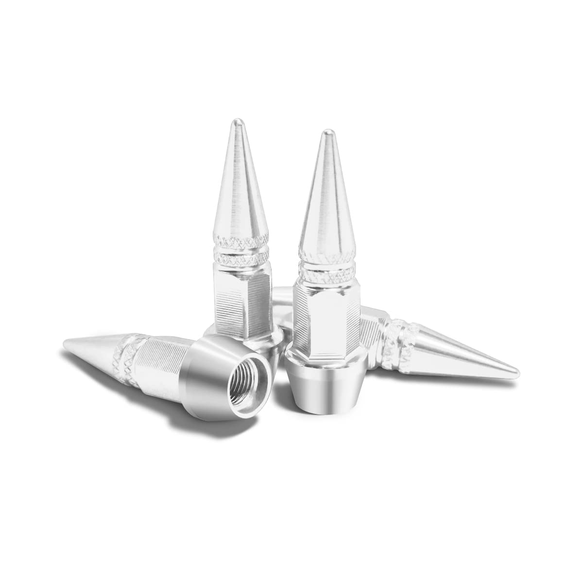 CGEAMDY 4PCS 60mm Spiked Aluminum Stem Valve Caps, Auto Universal Inflate Tire Valve Covers, Dustproof Metal Tire Wheel Stem Caps for Cars, SUVs, Trucks Bicycles and Motorcycles (Silver)