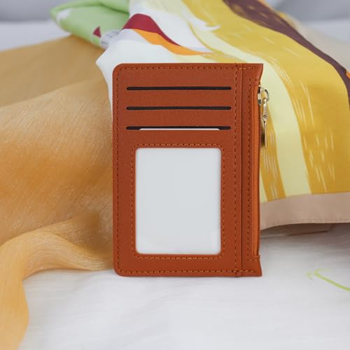 Slim Wallet Zipper Pocket Wallet with 3 Card Slots & 1 ID Window Card Wallets for Women Men, Portable Front Pocket Wallet(Light Coffee)