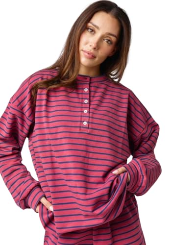 Image of Almere Oversized Cotton Henley Longsleeve Tee, Striped Button Down, Boyfriend Fit