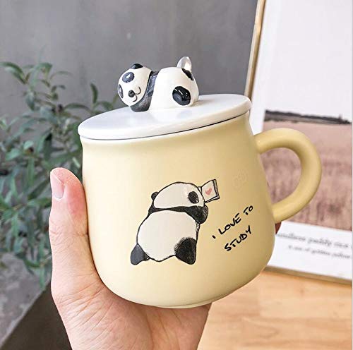 Image of BonZeal Ceramic Birthday Gift for Boys Panda Mug with Lid Spoon Tea Cup Yellow Set of 1 325 ml Birthday Mugs for Coffee Mugs and Cups Gift for Panda Lovers Girls Kids Children