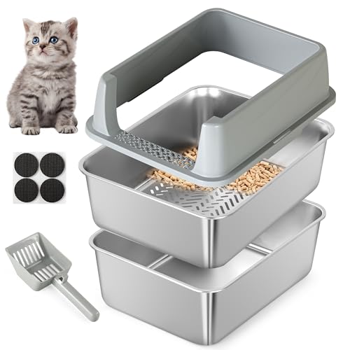 TIUUBT Stainless Steel Sifting Litter Box for Pine Pellets Sifting Cat Litter Box with Sifter High Side for Small Cats Anti-Leakage Odor Control Includes Scooper 17.7 x 13.8 x 11