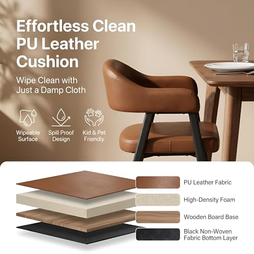 Image of HNY Modern Dining Room Arm Chairs Set of 2, Retro Faux Leather Upholstered Barrel Dining Chairs with Arms Mid-Century Brown Accent Chair with Metal Legs, Open-Back Kitchen Side Chair for Living Room