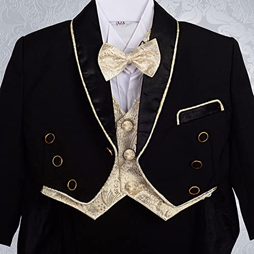 Dressy Daisy Baby Boy Classic Tuxedo Suit 5 Pcs Set Formal Dress Wear Wedding Outfit with Gold Jacquard Vest, Black/White3