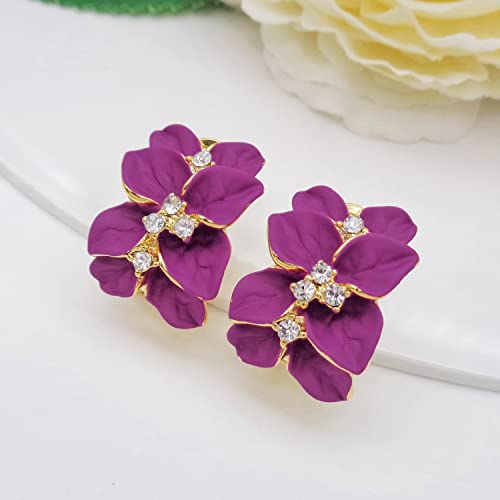 Navachi 18K Gold Plated White Crystal Rose Red Enamel Leaves Flower Az1438 Omega Back Earrings #TOP3
