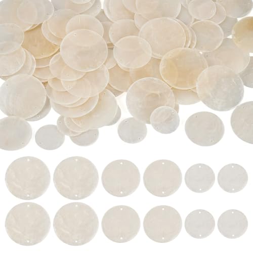 Magibeads 90pcs Natural Capiz Shell Connector Charms 30/40/50 mm Flat Round Shell Garland Strings Bulk with 2 Holes for Wedding Home Decor Wind Chimes DIY Hanging Craft