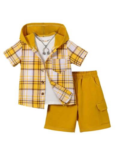 Image of Boys Clothes Shorts Sets Plaid Short Sleeve Hooded Button Shirt and Jogger Shorts for Kids Summer Outfits