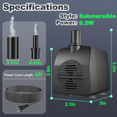 Image of SongLong Submersible Pump 200GPH (800 L /H 15W) Ultra Quiet with Over Heating Protection 5.2ft High Lift for Fountains, Hydroponics, Ponds, Aquariums & More