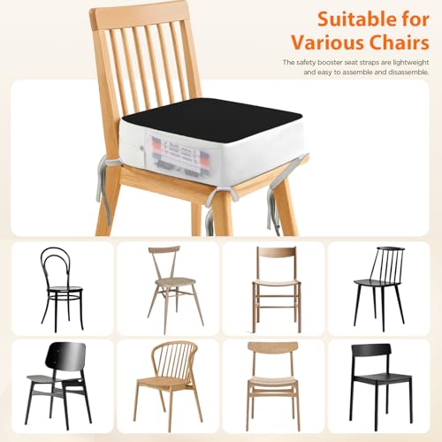 Image of Booster Seat for Kitchen Chair, 3.8 inch Toddler Booster Seats for Dining Table with Ties, PU Dining Booster Seat with Side Pockets, Non-Slip & Removable Booster Seat for Table Increasing Cushion (Black)